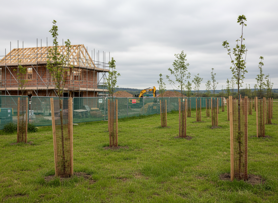 Realistic photo-style illustration of newly planted native trees on a grassy field directly adjacent to a UK construction site. Show protective tree guards and stakes around the young trees, with a partially built brick or timber-framed structure and construction fencing in the background. Overcast natural light, British landscape, no people, matching the clean, professional ecological planning style used elsewhere on the site. Landscape orientation, 4:3 aspect ratio.