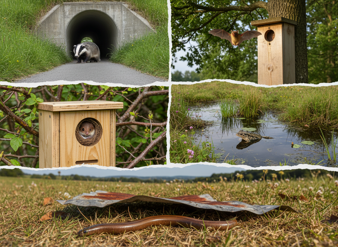 A realistic collage featuring five close-up English landscape wildlife photos: a badger shown using a tunnel or underpass, a bat emerging from a bat box, a dormouse in a dormouse box, a great crested newt in habitat mosaics, and a slow worm basking or using a refugeβall without fences in the scenes.