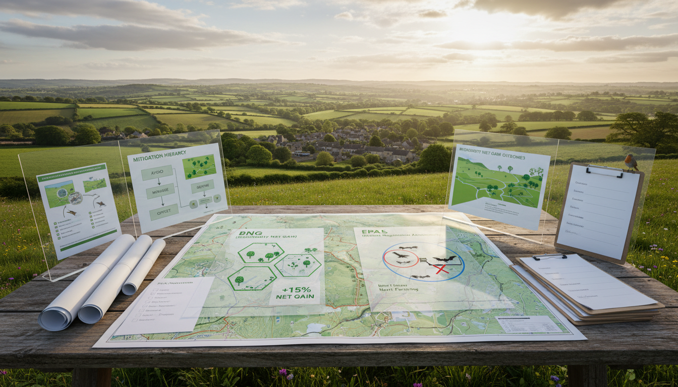 Impact assessment for household development with maps, and visual representations of BNG (Biodiversity Net Gain), HRAs (Habitat Regulations Assessments), EPSLs (European Protected Species Licences), PEA (Preliminary Ecological Appraisal) preparation, and sign-offs. British landscape, no people in the image. The visuals should evoke planning, mitigation, and Biodiversity net gain outcomes.